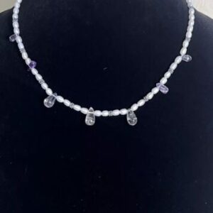 16” Real Pearl & Amethyst Teardrops Necklace 925 Sterling Silver 14.8g