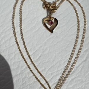 12K Yellow Gold Filled Heart Pink Stone Necklace 17”