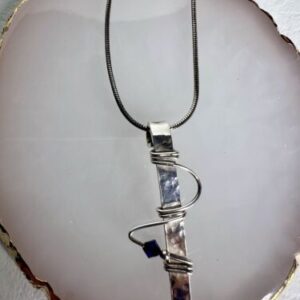 Vintage Blue Bead Italy 925 Sterling Silver Bar Pendant Necklace 20”