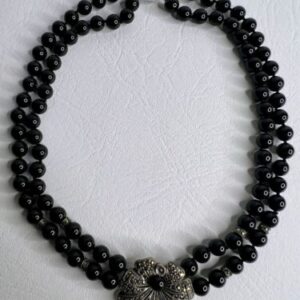 Black Onyx Double Strand & Marcasite Flower Necklace 925 Sterling Silver 16”